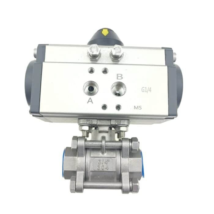DN20válvula de bola accionada_7 Válvula de bola roscada FNPT de 3 piezas de acero inoxidable atornillada y doble efecto NC accionada neumáticamente con kit de reparación