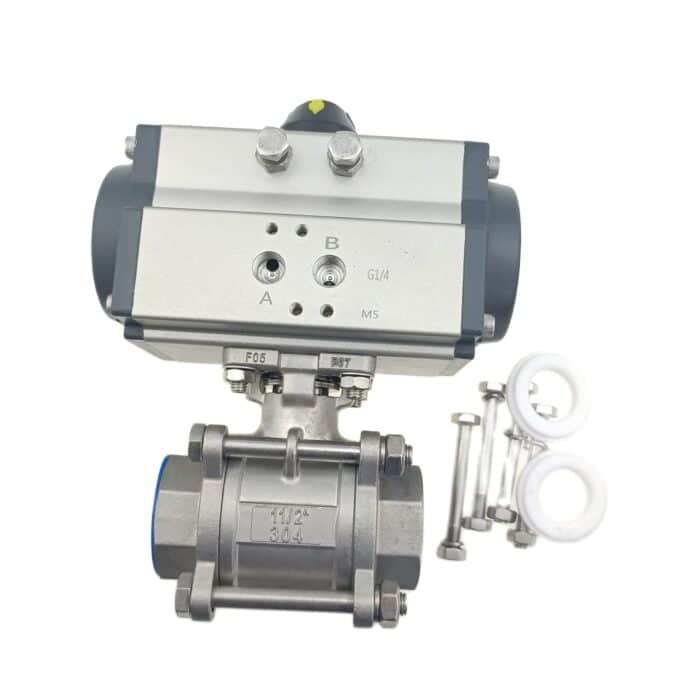 DN40válvula de bola accionada_15 Válvula de bola roscada FNPT de 3 piezas de acero inoxidable atornillada y doble efecto NC accionada neumáticamente con kit de reparación