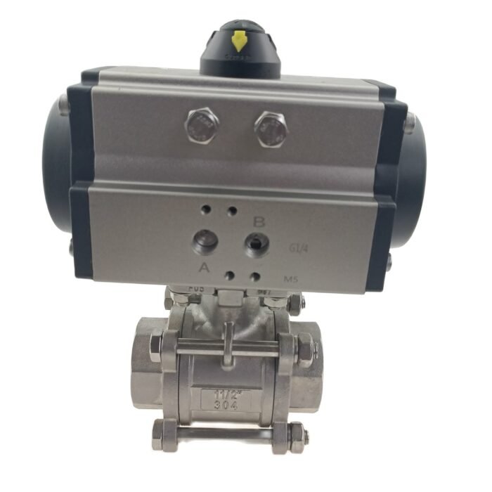 Válvula de bola accionada DN40_17 Válvula de bola roscada FNPT de 3 piezas de acero inoxidable atornillada y doble efecto NC accionada neumáticamente con kit de reparación