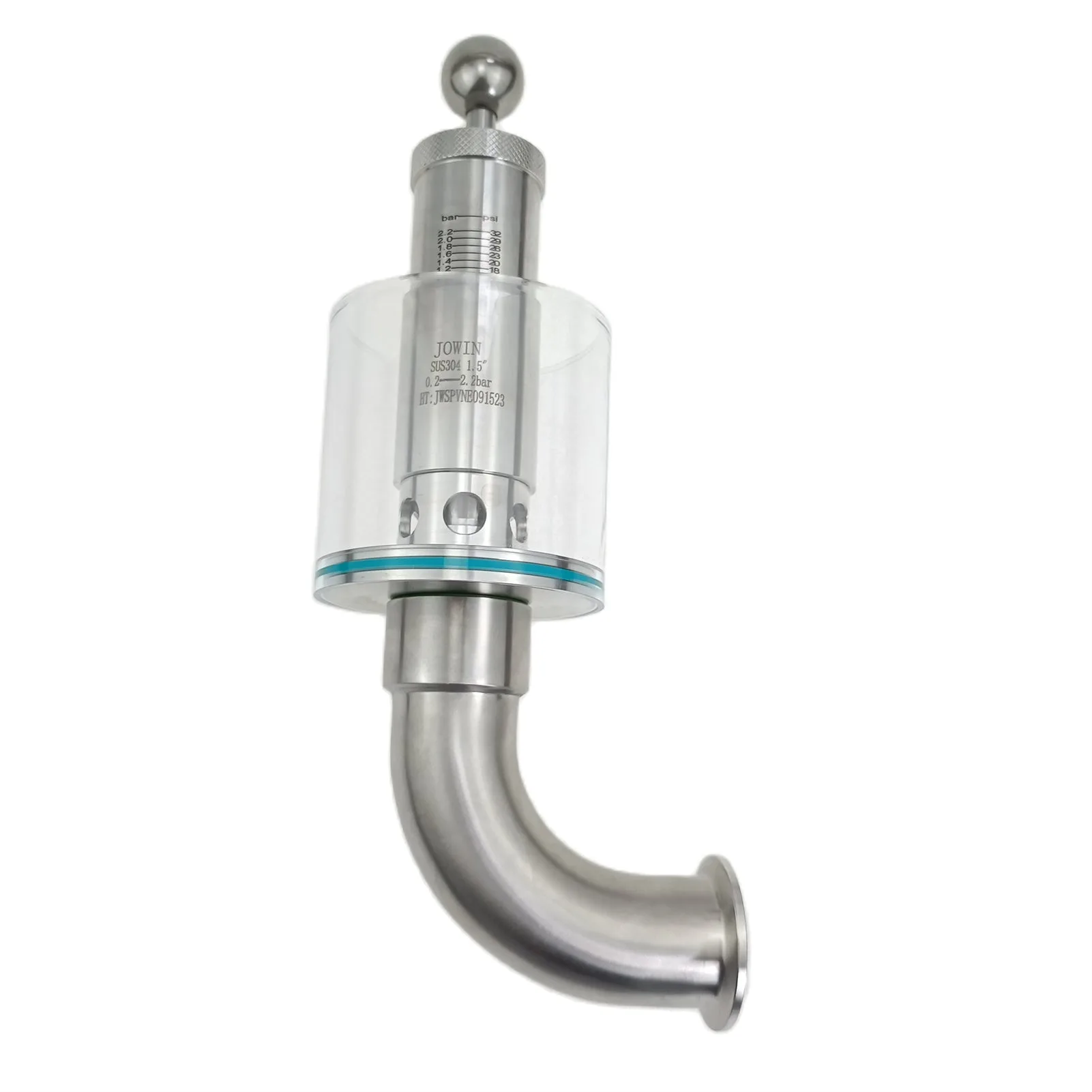 1.5" Tri Clover Compatible Adjustable 90-Degree Elbow Pro Spunding Valve - SS304 Stainless Steel, 0.2-2.2 Bar/psi Pressure Scale