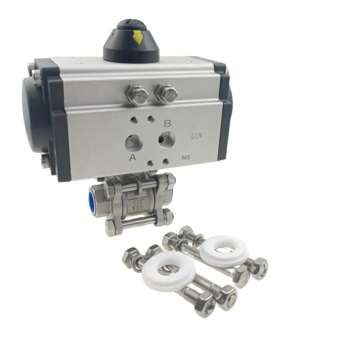 actuatedballvalve_1 Válvula de bola roscada FNPT de 3 piezas de acero inoxidable atornillada y doble efecto NC accionada neumáticamente con kit de reparación
