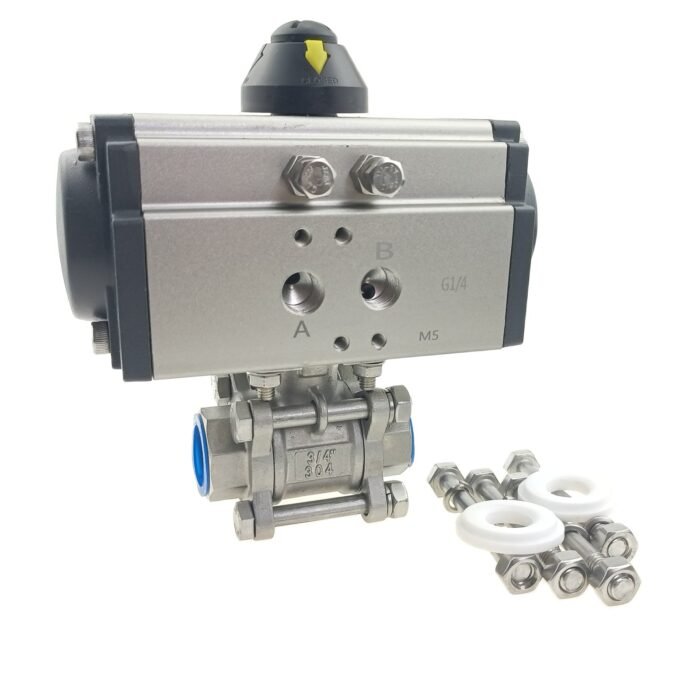 actuatedballvalve_6 Válvula de bola roscada FNPT de 3 piezas de acero inoxidable atornillada y doble efecto NC accionada neumáticamente con kit de reparación