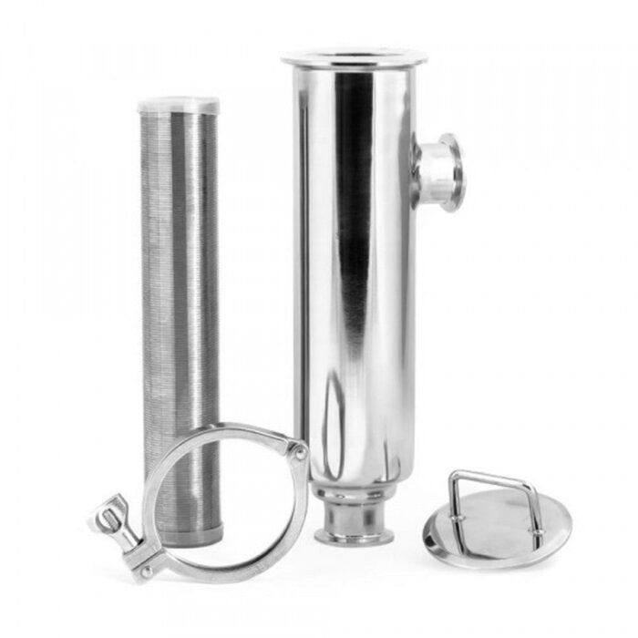 anglestrainer_2 SS304 1.5" Tri-Clamp Side Entry Hop Strainer with 150 Mesh Wedged Wire and 3" Body