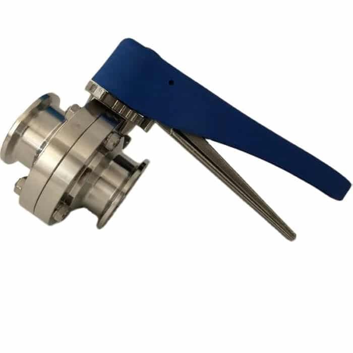 Stainless Steel 304 Butterfly Valve with Blue Squeeze Trigger Handle - Compatible with Tri Clamp