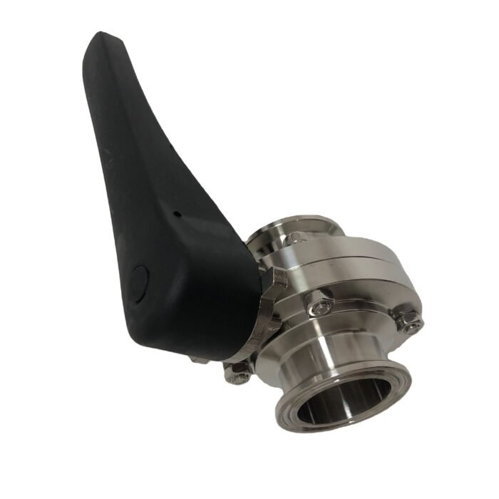 tcvalve_1 Tri Clover-Compatible Butterfly Valve with Stainless Steel 304 Body and Black Squeeze Trigger Handle