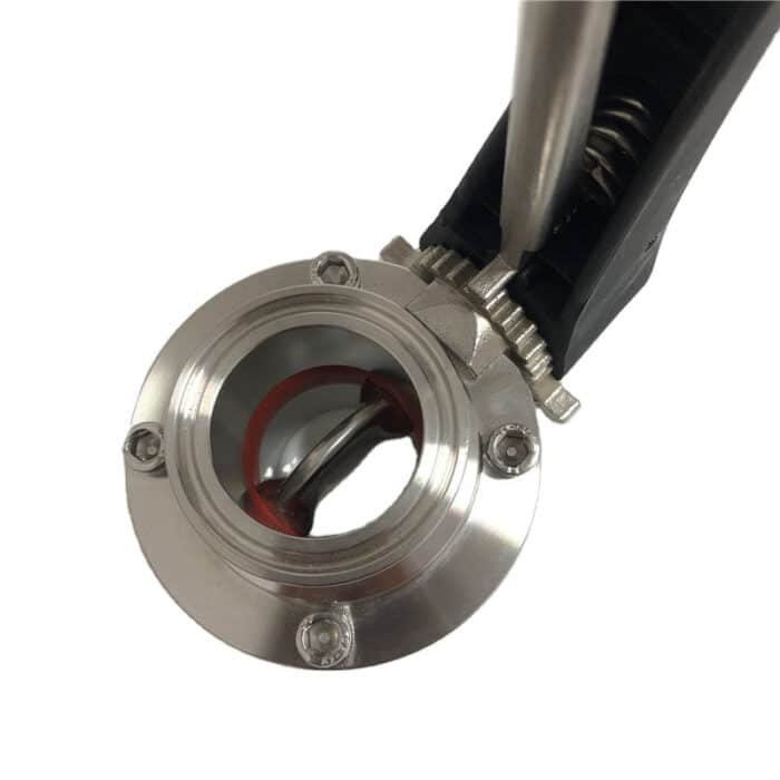 tcvalve_3 Tri Clover-Compatible Butterfly Valve with Stainless Steel 304 Body and Black Squeeze Trigger Handle